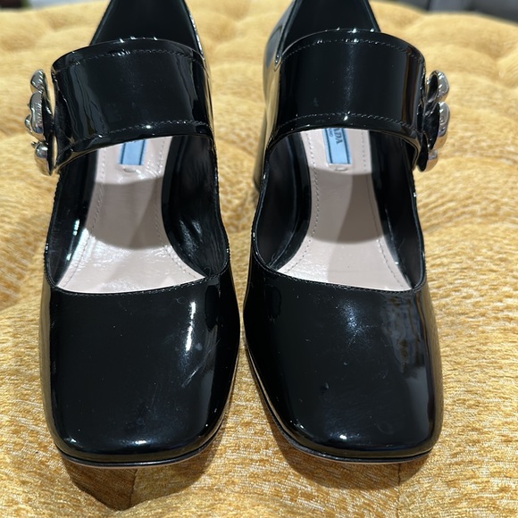 Prada Glossy Leather Block Heels with Silver Flower - Picture 10 of 11